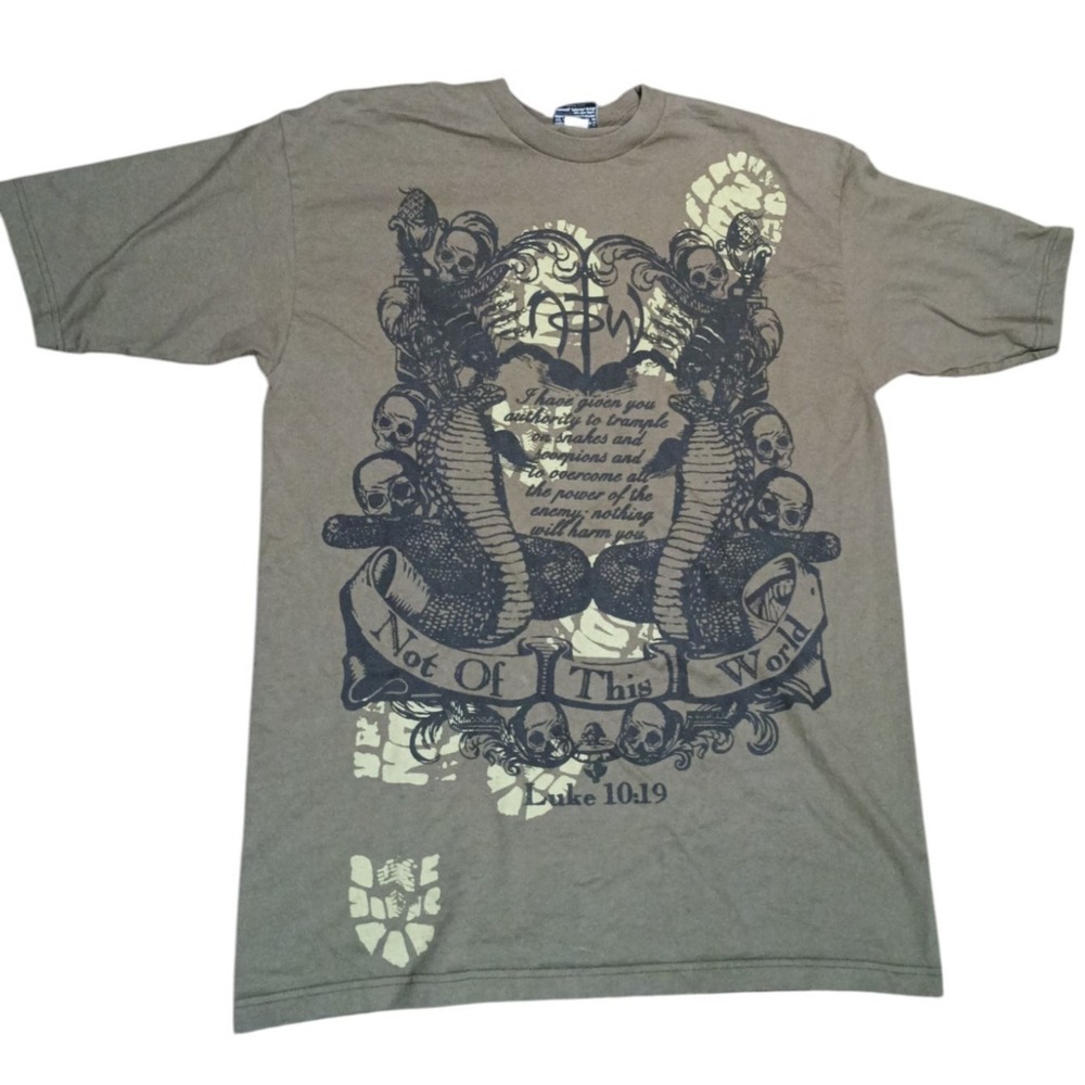 Y2K Not of This World NOTW Luke 10:19 Trample Snakes Army Green Mens L T-Shirt